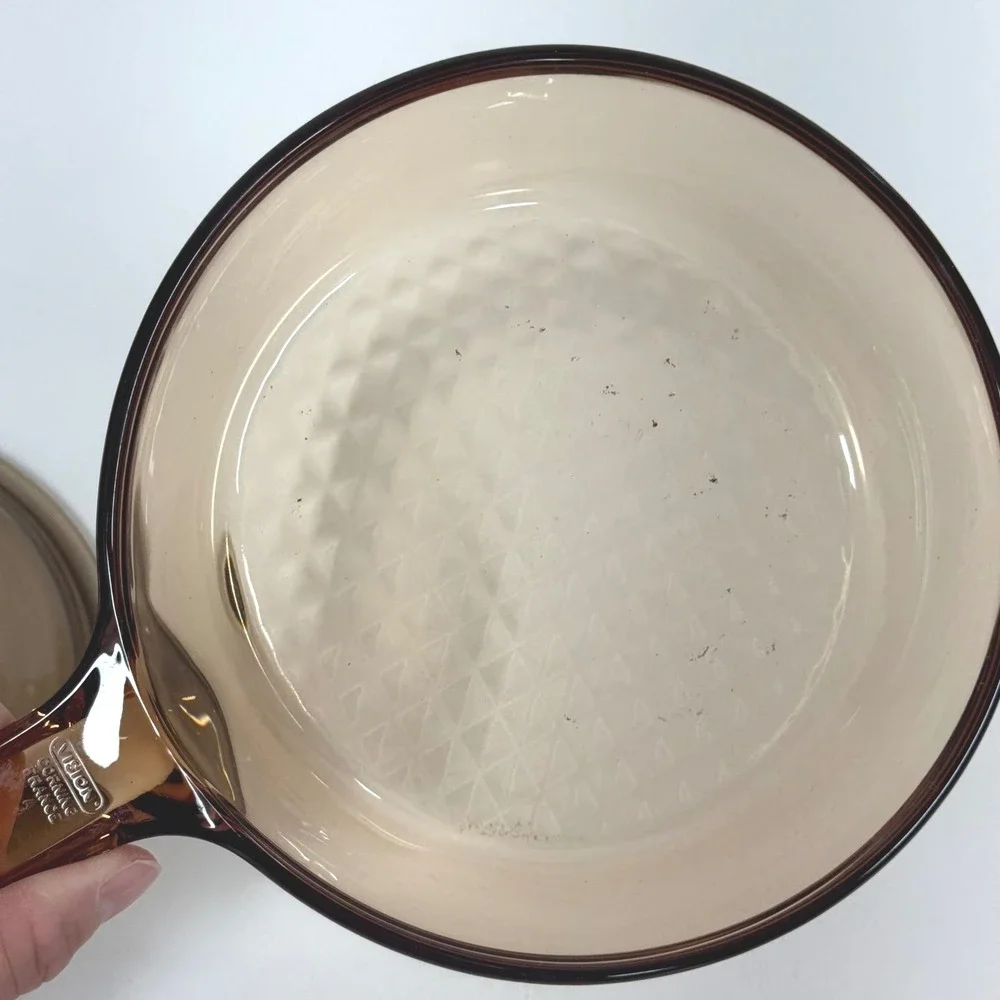 Vision Corning France Amber Glass Skillet Waffle Bottom with Lid 7 Inch Pan